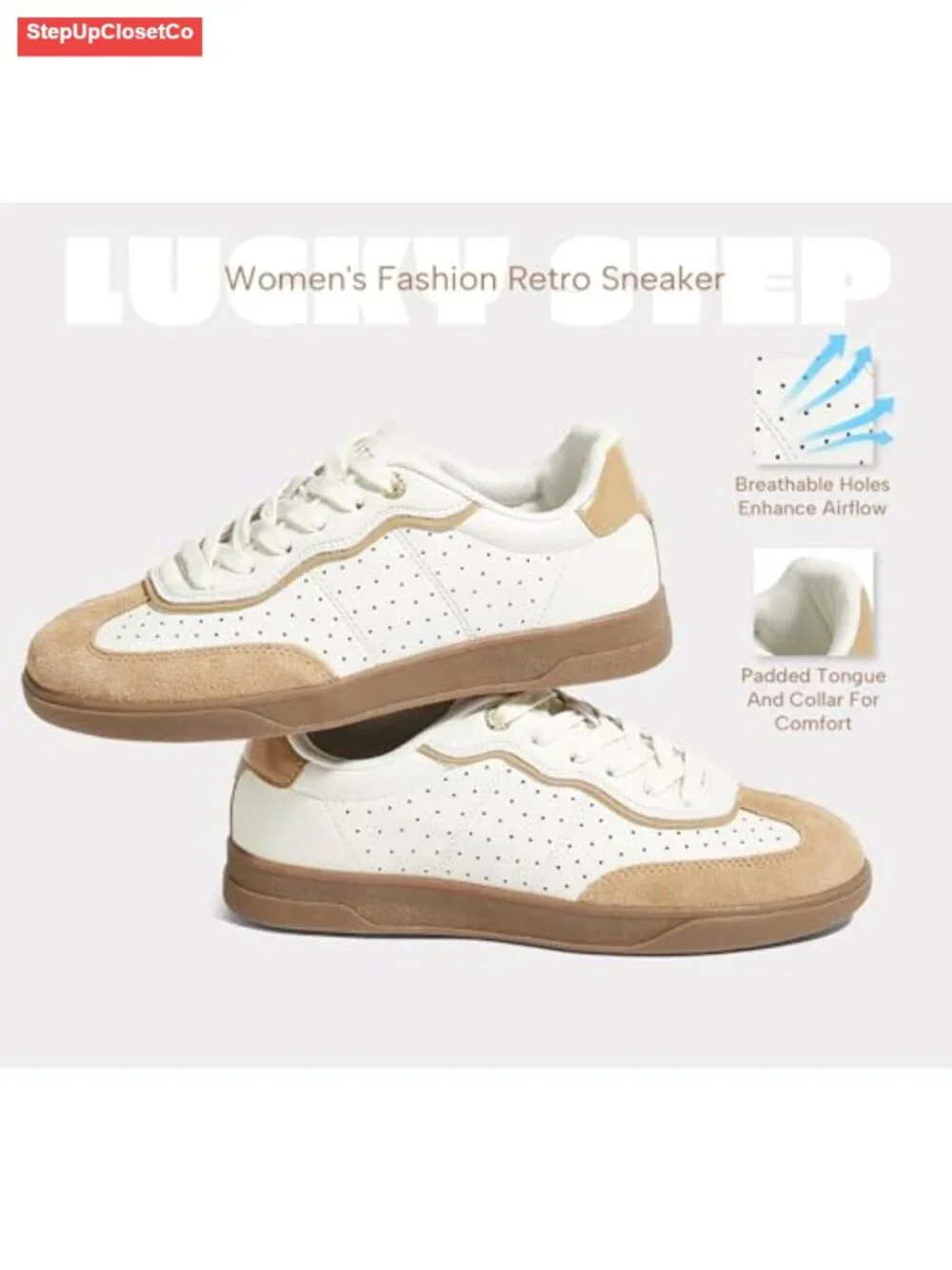Lucky Step Women's Retro Court Sneakers Low Top Lace-Up Suede Toe Cap Casual